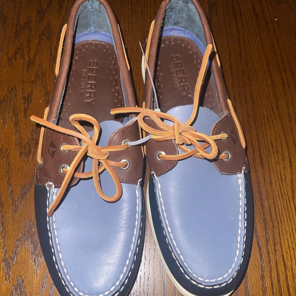 New Mens Sperry Top-Slider shoe in Navy blue leather, brown and light blue - Picture 2 of 4